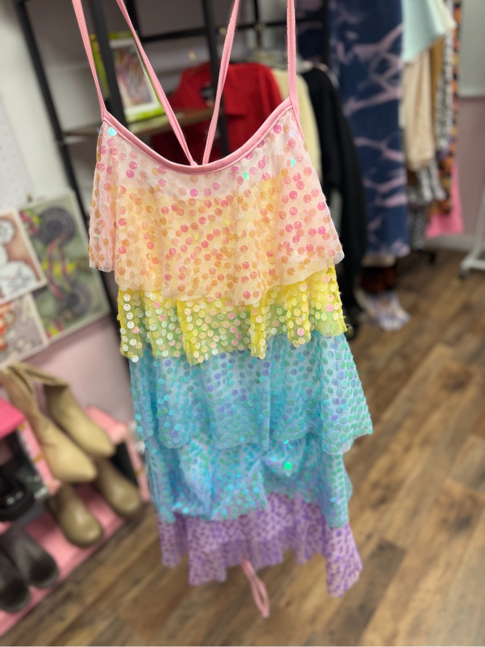 Rainbow Sequin Tiered Ruffle Mini Dress - Picture 3 of 8